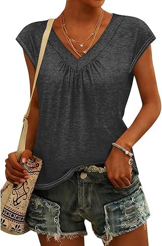 Womens Summer Solid Tops Short Sleeve V Neck Shirts Casual Dressy Business Work Blouses