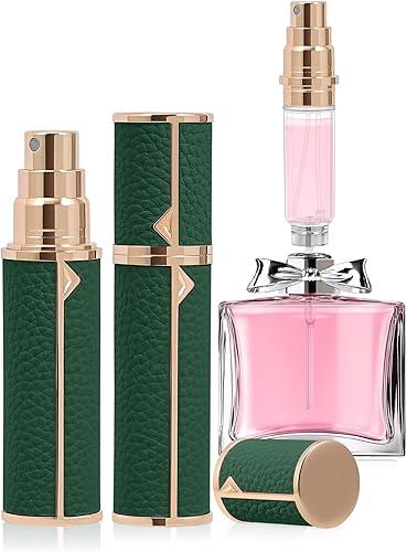 Refillable Travel Perfume Bottle – Fine Mist Atomizer, Bottom Fill, Genuine Leather Shell, TSA Approved, For Daily Refresh & Travel (Green, 10ml)