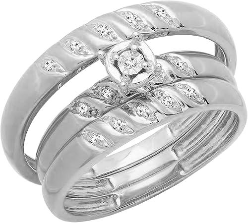 Dazzlingrock Collection Round White Natural Diamond Illusion Set Matching Wedding Trio Ring Set for Him & Her (0.05 Ctw) in 10K Real Solid Gold
