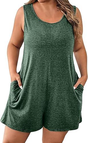 FZYLQY Womens Plus Size Jumpsuits 2026 Summer Short Overalls Casual Loose Solid Sleeveless Crewneck Rompers with Pockets