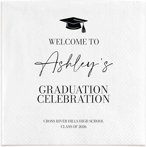 3-Ply 100pcs Personalized Graduation Napkins - Class of 2026 Grad Custom Cocktail Napkins with Name & Photo - Custom Napkins for College High School Grad Party Celebration Decorations