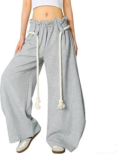 Wide Leg Drawstring Waist Pants for Women Loose Fit High Rise Trousers with Rope Belt and Pockets Casual Joggers