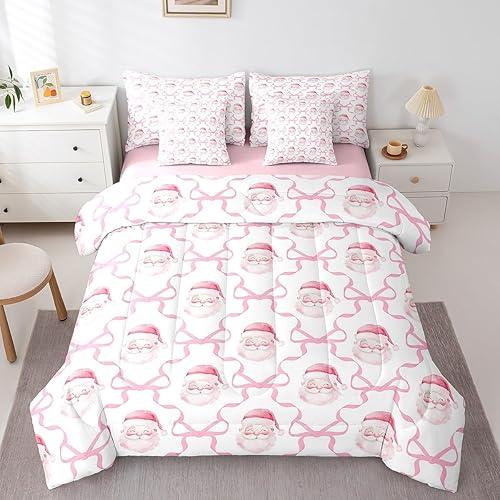 Castle Fairy Santa Claus 7 Piece Comforter & Sheet Sets Full Size,Pink Bow Print Bedding Set Merry Christmas Bed in a Bag Pink Bowknot Grid Flat & Fitted Sheets,4 Pillow Covers
