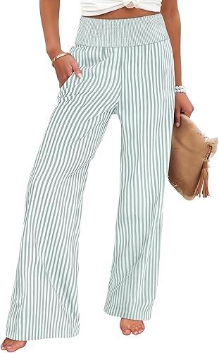 FQZWONG Womens Striped Gingham Palazzo Pants Wide Leg High Waisted Lounge Pajama Pants Cute Casual Trousers with Pockets