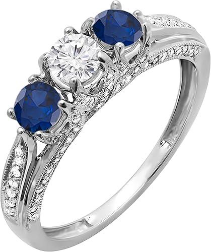 Dazzlingrock Collection Round Gemstone or Diamond & White Diamond 3 Stone Wedding Ring for Women in Solid Gold