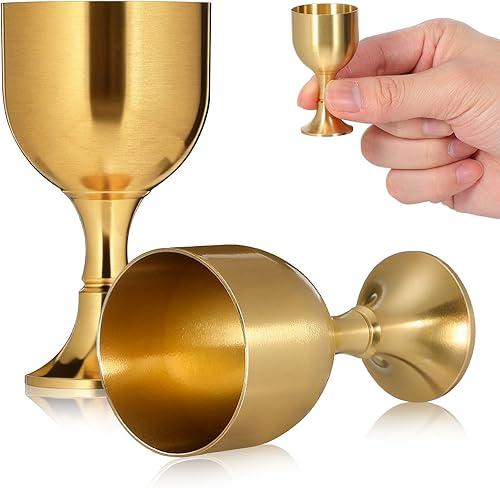 VOSAREA 2pcs Mini Chalice Goblet Vintage Metal Shot Glasses Gold Communion Cup Brass Offering Bowl for Church Ritual Cocktail Holy Water