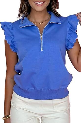 UONBOX Womens Summer Solid Ruffled Short Sleeves Zipped up Collared Blouse 2026 Loose Casual Tops