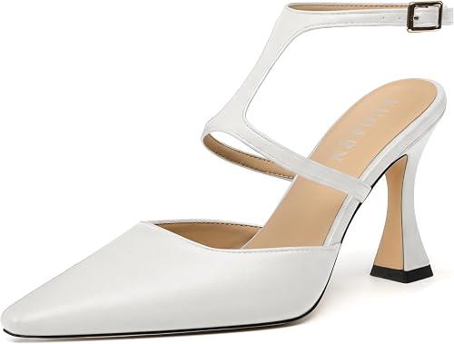 KUOARN Slingback Heels for Women Closed Toe 3.5 Inch Stiletto with Adjustable Ankle Strap Comfortable Elegant Evening Party Wedding Pumps