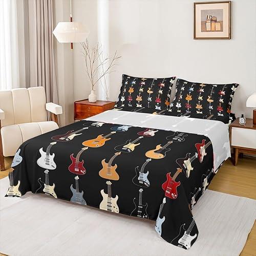 Manfei Colorful Guitar Bed Sheet Queen Size,Musical Instruments Artistic Guitars Sheets,Rock Bass Music Lovers Deep Pocket Bedding Sets (1 Fitted,1 Flat,2 Pillowcases),Black