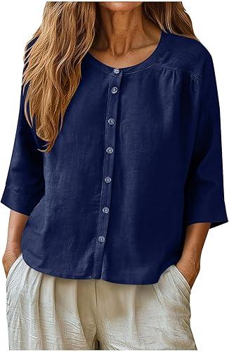 Oplxuo Womens 3/4 Sleeve Button Down Shirts Cotton Linen Tops Crewneck Casual Loose Fit Blouses