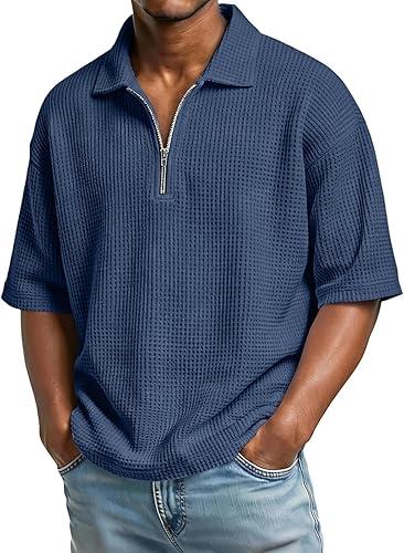 Mens Quarter Zip Golf Polo Shirts Casual Short Sleeve Waffle Pullover Sweater Top 2026 Summer Light Outdoor Sport Shirt