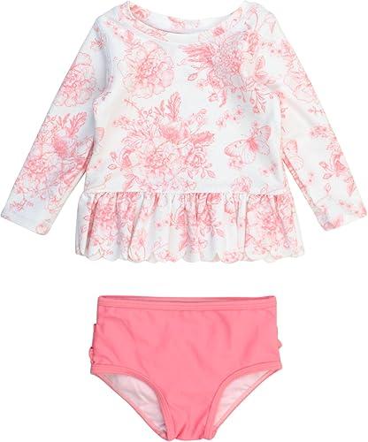 RuffleButts Baby/Toddler Girls Scalloped Long Sleeve Rash Guard 2-Piece UPF50+ Sun Protected Swimsuit