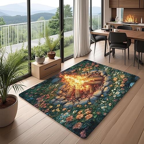 Campfire Area Rug 3'x5',Happy Camping Decor Non Shedding Rug for Kids Teen Adults,Tree Stump Woodland Campsite Decorative Carpet for Playroom Bedroom Dining Room,Camping Adventure