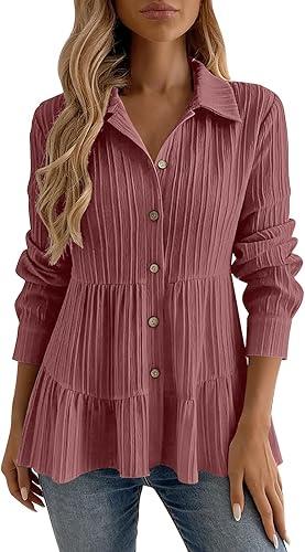 Oplxuo Women's Peplum Blouses Long Sleeve Collared Button Down Shirts Loose Fit Textured Babydoll Tops