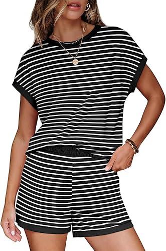 Women's Short Sleeve Striped Top And Shorts Set Casual Two Piece Loungewear Soft Stretchy Fabric Relaxed Outfit