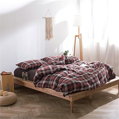 MKXI Queen Size Triple Gauze Duvet Cover Set, 3-Piece Rustic Plaid Bedding in Red & Brown, Soft Breathable Linen-Like 100% Cotton All Season Comforter Cover with Zipper
