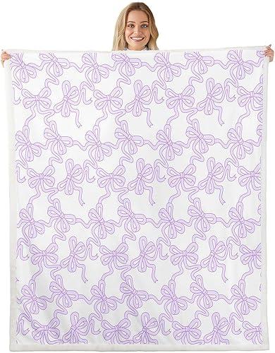 Purple Coquette Bowtie Bed Blanket,Cute Bow Flannel Blanket for Room Decor,Watercolor Ribbon Bowknot Preppy Style Fleece Blanket for Kids,Super Soft Blankets,Throw 50"x60"