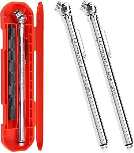 ETENWOLF Pencil Tire Pressure Gauge 2 Pack (10-50PSI, 20-120PSI) with 16 Tire Caps Calibrated to ANSI B40.1 Grade B(2%), Stainless Steel Body, Car Accessories for Cars, Pickups, RVs, Bicycles