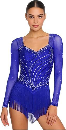 FEESHOW Women's Rhinestone Latin Dance Leotards Long Sleeve Tiered Tassel Samba Bodysuit Ballroom Dancewear