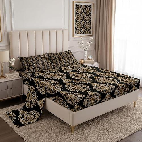 Damask Bed Sheets Set King Size Antique Victorian Baroque Sheets Bedroom Decor Gothic Vintage Floral Bedding for Kids Teens Soft Black Gold Bed Sheet Set 4pcs(Fitted + Flat + 2 Pillowcases)