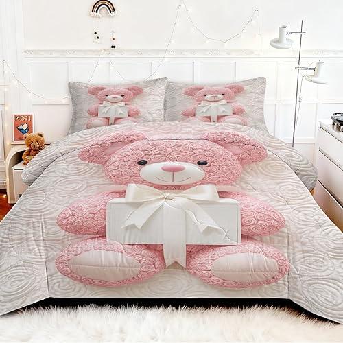 Teddy Bear Comforter Set Twin, Cute Pink Kawaii Bedding Set, Cartoon Bear Microfiber Comforter with 2 Pillowcases, Soft Kids Girls Bed Set for Bedroom