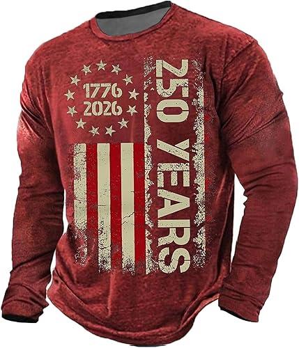 Men's 250 Years Print Long Sleeve Crewneck Tops United States 250Th Anniversary Freedom Shirt for Men, S-3XL