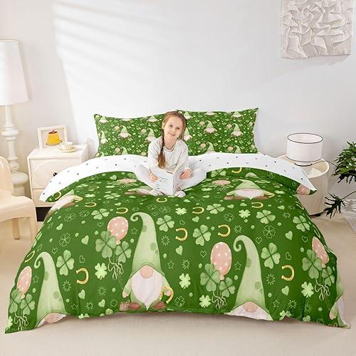 Happy St. Patrick's Day Duvet Cover Set Queen Size,Cute Gnomes Clover Leaf Bedding Sets 3Pcs for Girls Adult Room Decor,Horseshoe Love Dots Comforter Cover Green Spring Quilt Cover,2 Pillowcases