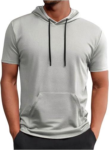 Mens Short Sleeve Hoodie Shirts Lightweight Pullover Hooded Tees Drawstring Kangaroo Pocket Athletic Workout Tops
