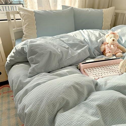 EAVD Blue Gingham Duvet Cover King Size Soft Romantic Lace Bedding Set with Grid Plaid Pattern Chic Farmhouse Blue Plaid Duvet Cover with 2 Pillowcases Zipper Soft Bedding Set for Women Men