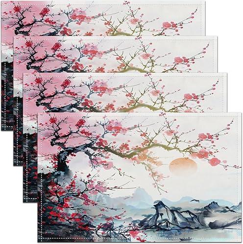 Feelyou Cherry Blossoms Placemats Set of 4 Japanese Style Placemat for Kitchen Dining Table 18"x12" Fuji Mountain Decor Home Decor Table Place Mats Sakura Flower Indoor Outdoor Decor Table Mats