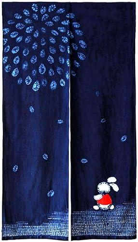 Natural Plant-Dyed Japanese Noren Curtain/Hand-Stitched Bunny Door Curtain/Doorway Tapestry (Rabbit Under Fireworks - Indigo, 33.5x59in)
