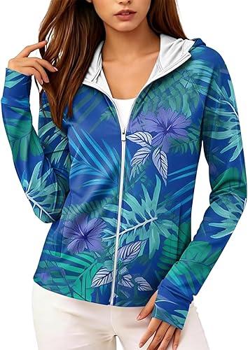 Women's SPF 50+ UPF Sun Protection Zip Up Hooded Long Sleeve Summer Outerwear Tropical Jacket with Pockets