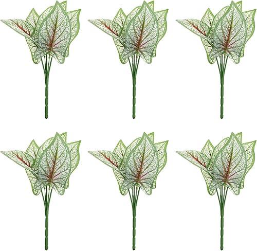 SAFIGLE Artificial Green Plant Leaves 6pcs Simulation Greenery Faux Plant Decor White Red Heart Caladium Desktop Decoration for Home Office