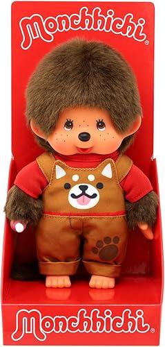 Sekiguchi 203864 - Original Monchhichi Boy with Overalls and Shiba Inu Pattern, Plush Toy Approximately 20 cm Brown