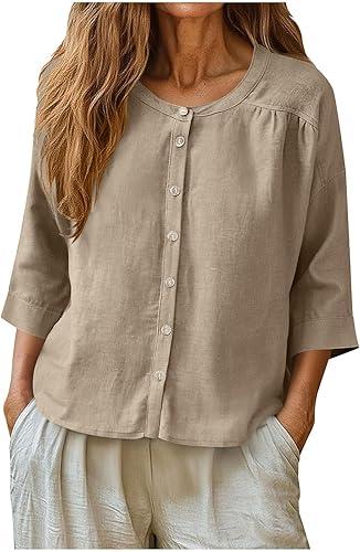 Oplxuo Womens 3/4 Sleeve Button Down Shirts Cotton Linen Tops Crewneck Casual Loose Fit Blouses