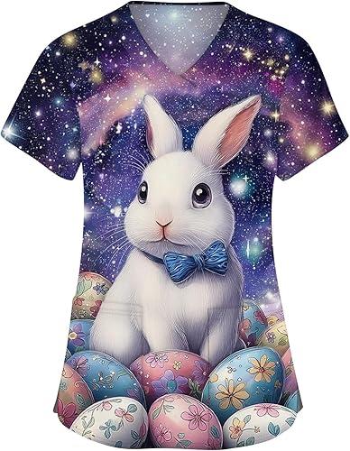 HXHYQKP Easter Scrub Tops Women Bunny Egg Hunt Print Medical Scrub Tops Short Sleeve V Neck Holiday Working Uniform
