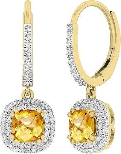Dazzlingrock Collection 6mm Each Cushion Gemstone & Round Diamond Womens Halo Dangling Drop Earrings, 14K Solid Yellow Gold