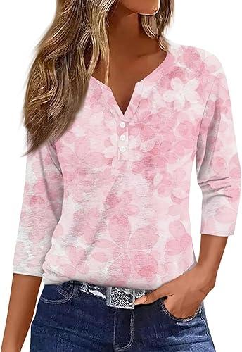 Womens 3/4 Sleeve Tops 2026 Petite Henley Shirts Casual Trendy Button T Shirts Summer Basic Tunic