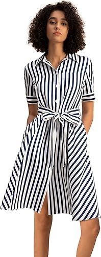 LilySilk Scarlet Silk Shirtdress for Women Short Sleeve Striped Long Shirt Dress Ladies with Pockets Blue-White-Pinstripes