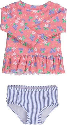 RuffleButts Baby/Toddler Girls Scalloped Long Sleeve Rash Guard 2-Piece UPF50+ Sun Protected Swimsuit
