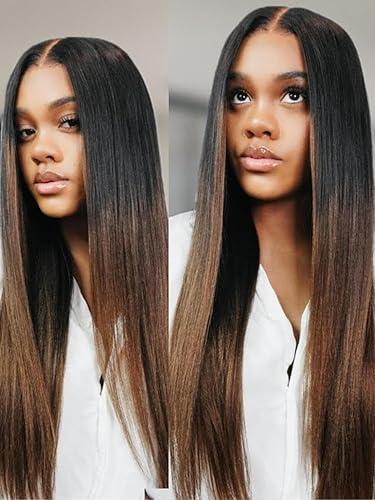 Beauty Forever Light Yaki Straight Glueless Human Hair Wig for Women, Black to Chestnut Brown Highlight HD Lace Front Drawstring Wig, Pre Plucked Pre Cut 7x5 Lace Wear and Go Wig, 150% Density 22inch