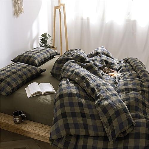 MKXI King Triple Gauze Duvet Cover Set 3-Piece Deep Green Blue Plaid Bedding, Rustic Lodge Cabin Linen-Like Breathable Cotton Comforter Cover with Zipper