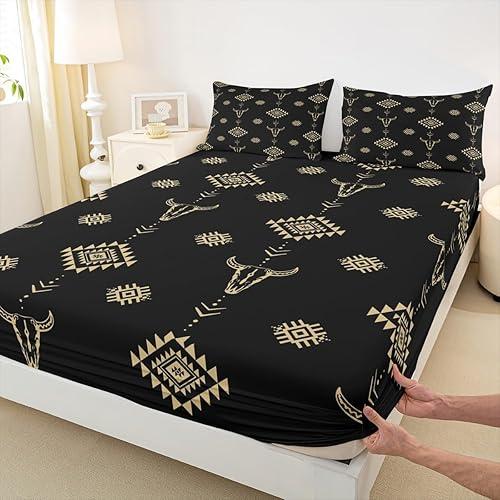 Aztec Bohemia Tribal Exotic Bedding Set Full Size,Western Cowboy Black Gold Fitted Sheet No Top Sheet,Cow Skull Sheet Set for Kids Teens Adults Bedroom Decor,2 Pillowcases