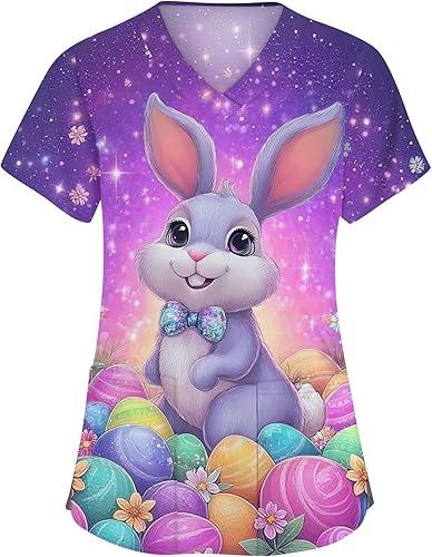 HXHYQKP Easter Scrub Tops Women Bunny Egg Hunt Print Medical Scrub Tops Short Sleeve V Neck Holiday Working Uniform