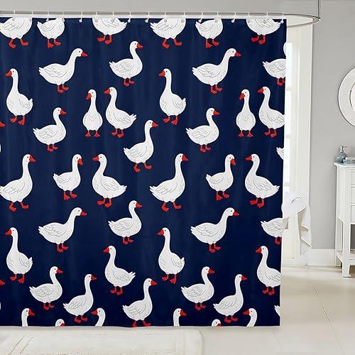 Erosebridal Goose Shower Curtain 72" Wx72 L Cute Animal Waterproof Bathroom Accessories White Geese Navy Blue Bath Curtain for Bathroom Showers Funny Kawaii Cartoon