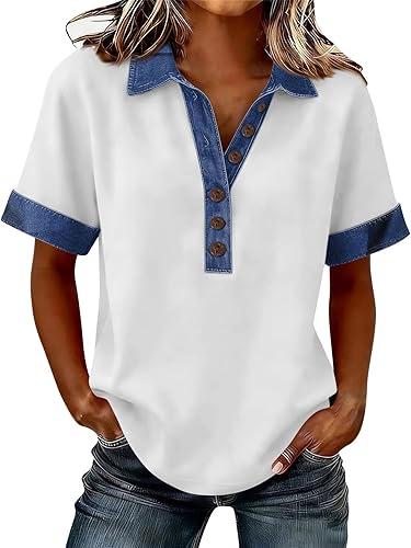 Short Sleeve Tops for Women Denim Patchwork Polo Shirts Lapel Collar Button Up T Shirt Dressy Casual Jean Tops