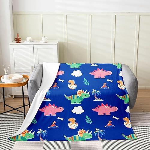 Cute Dinosaurs Fleece Throw Blanket Twin 60"X80" - Ultra-Soft for Couch Sofa Bed,Pink Green Dinosaurs Flannel Blanket,Cute Jungle Animals Fuzzy Plush Throw,Botanical Leaves Trees Home Room Decor