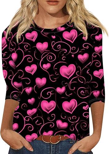 UOFOCO Crew Neck 3/4 Length Sleeve Womens Tops 2024 Summer Casual Plus Size Clothing (Fancy Vintage Printed Solid Color)