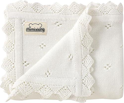 mimixiong Cotton Baby Blanket Knitted Crochet Receiving Crib Nursery Swaddling Blankets for Newborn Baby Boy Girl Off White 30x40 Inch