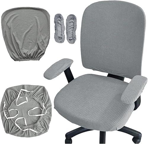 HAPPYDOG 4 Pcs Office Chair Covers Set Stretchable Protective Rotating Computer Chair Seat Covers with Armrest Covers (Light Grey)